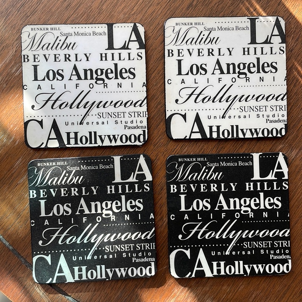Los Angeles LA Coasters Set of 4 Beverly Hills Malibu Hollywood Black White